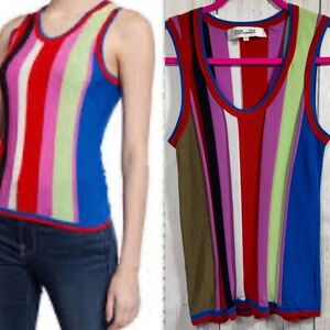 Diane Von Furstenberg Block Stripe Knit Tan Top Sleeveless Multicolor Ribbed